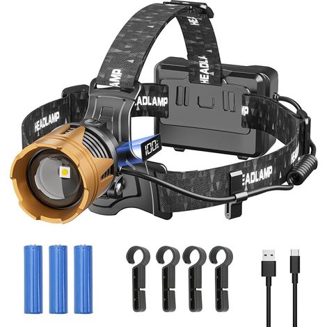 Linterna frontal LED recargable, 100.000 lúmenes, para acampar, recargable, con sensor de movimiento, 7 modos, zoom, batería de 9000 mAh, ajustable a 90°. (1/5)