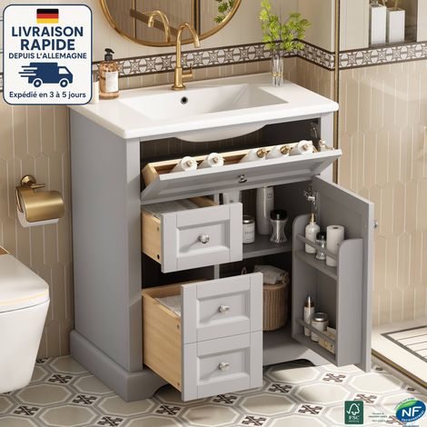 MODFU - Mueble de baño con lavabo, 3 cajones y 2 puertas, pintura hidrófuga, correderas silenciosas, 76x46x87cm, gris (1/5)