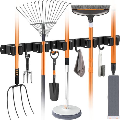 Accroche Balai Mural, Porte Balais Mural en Acier Inoxydable - 5 Supports + 4 Crochets, Support Balais Mural Sans Percer Noir, Utilisable en Cuisine, Salle de Bain, Jardin, Garage (1 Pièces) (1/5)