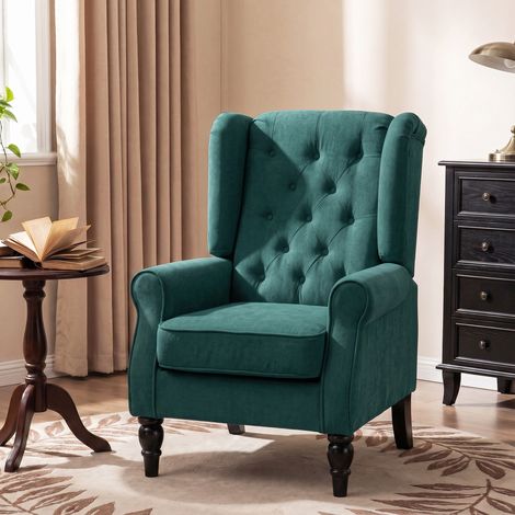 Fauteuil de salon style français avec assise et coussins rembourrés, polyester, 74 x 86 x 102 cm, vert foncé (1/5)