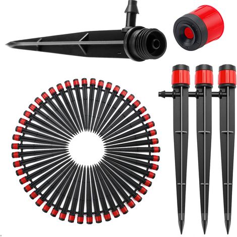 50 verstellbare Bewässerungstropfer, 360°-Mikro-Tropfsprinkler mit Widerhakenverbinder und Stützpfahl für 4/7-mm-Schläuche, Einsteck-Bewässerungstropfer, Rot