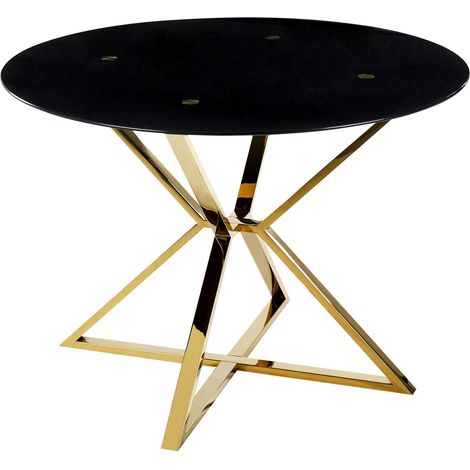 Beliani – Table de salle à manger ronde 105 cm – Verre de sécurité noir – Acier inox doré – 4 places – Base en X forme sablier