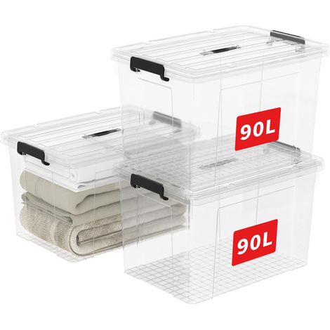 90L3 Boîte de Rangement, Bac de rangement avec Poignée, Plastique Organisateur avec Couvercle, Empilable, Transportable, pour Vêtements, Bureau, Chambre, Dortoirs, Transparent, 90L - Lot de 3 (1/5)