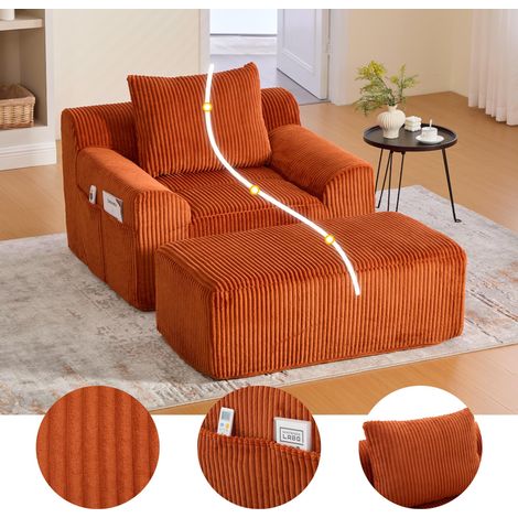 Fauteuil extra-large en velours côtelé avec repose-pieds, poches latérales et coussin. Sans cadre, doux, prêt à l'emploi sans assemblage. Idéal pour la détente et la lecture (cordon orange).