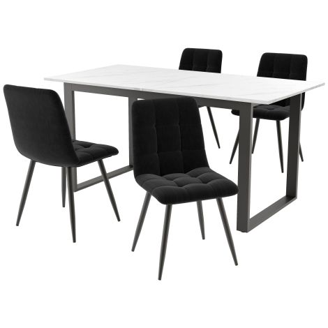 Table extensible MDF blanc, pieds noirs et 4 chaises velours noir