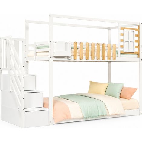 Lit superposé enfant 90x200 cm avec escalier de rangement, fenêtre, étagères latérales et barrières de sécurité, blanc et bois clair  CHICFURN (1/5)