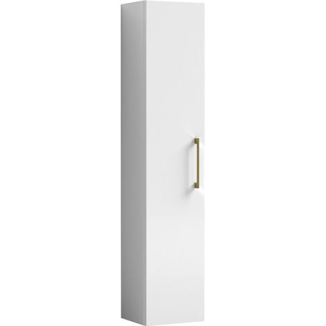 Balterley Bramshall Modern Bathroom 1 Door Wall Hung Tall Unit with Soft-Close Door, Gloss White with Brushed Brass Handle, 300 mm
