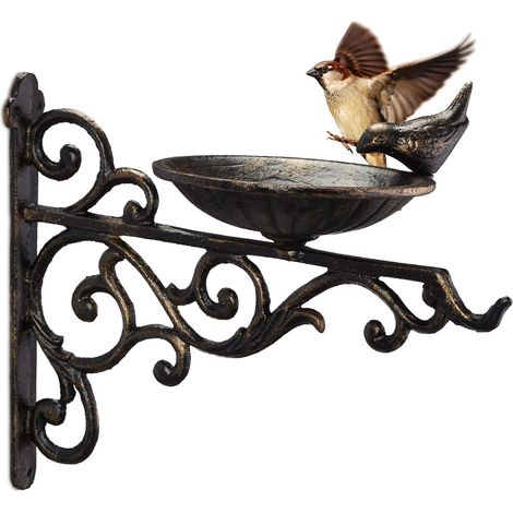 Relaxdays Bird Bath, Water Bowl, Wall Mountable, Frost-Proof, H x W x D: 24 x 28 x 14 cm, Cast-Iron, Bronze