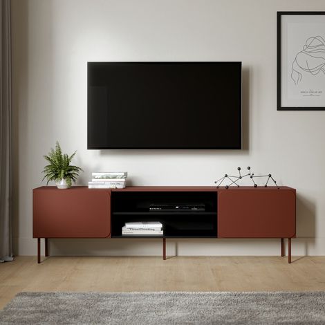 Mueble para TV Cesara: un estante, 2 puertas, con patas de metal, 200x42x57h cm, marrón terracota (1/4)
