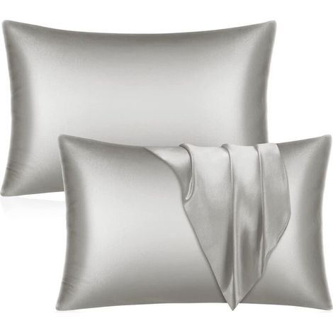 Juego de 2 fundas de almohada de satén - Funda de almohada gris para cabello y piel, tamaño estándar con cierre tipo sobre, 51 x 76 cm (1/5)
