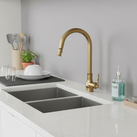 Grifo de cocina 360°, grifo de cocina extensible, ducha de acero inoxidable bronce (1/5)