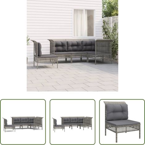 vidaXL Rattan - 5-tlg. Garten-Lounge-Set mit Kissen Grau Poly Rattan (1/5)