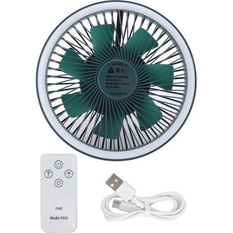 Ventilateur de camping portable avec télécommande, chargement USB, trois vitesses, mini ventilateur électrique mural/de plafond vert
