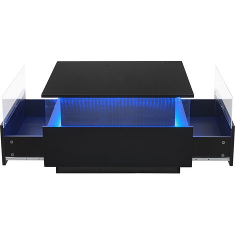 GagaTable basse LED laquée 70x70x41 cm, 2 tiroirs, noir (1/5)