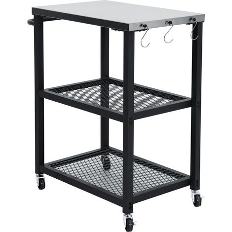 Taino – Chariot de barbecue noir en acier inoxydable – Dimensions 72 x 41 x 80,5 cm – 4 roulettes dont 2 verrouillables – 3 crochets latéraux