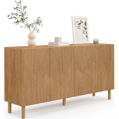 Buffet 160 cm HIMARA 4 portes lattes géométriques bois clair (1/5)