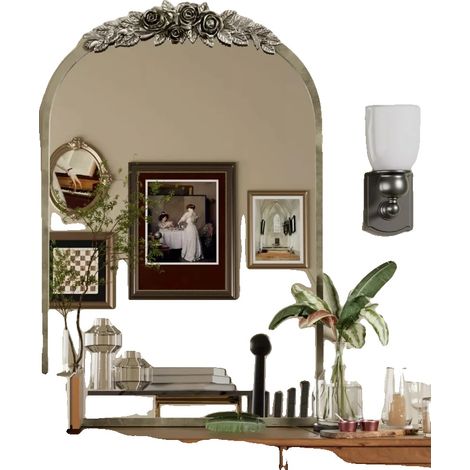 Espejo de pared, estilo barroco vintage, forma arqueada, plateado. (1/2)