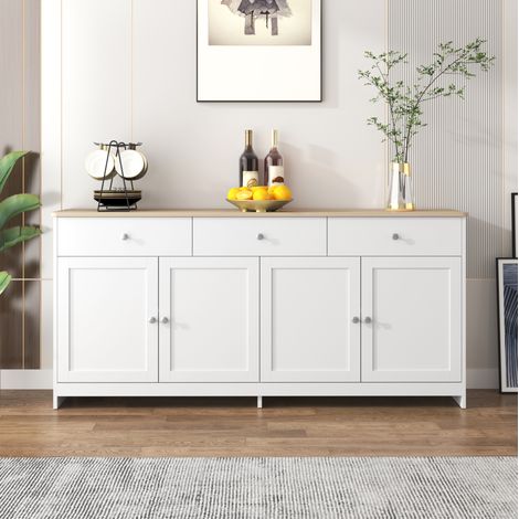 FLORAGRACE Buffet 160 x 37 x 75 cm bas blanc effet bois 160 cm avec 4 portes, 3 tiroirs, style campagne (1/5)