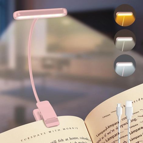 (Rose) Lampe de lecture rechargeable par USB avec 14 LED, clip flexible et lumière chaude ou froide sélectionnable. (1/5)