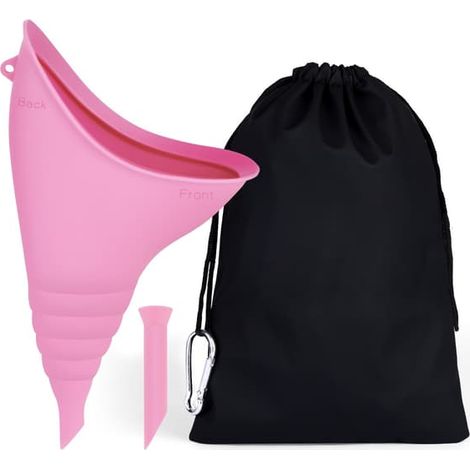 Entonnoir urinaire en silicone pour femmes - Urinoir portable et discret pour l'extérieur, les urgences et les voyages, avec tuyau d'extension et sac de rangement rose (1/5)