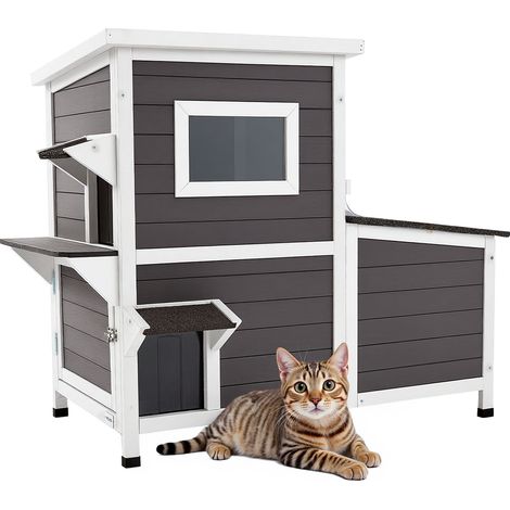 VEVOR Katzenhaus Outdoor, 2-stöckiger Katzenhütte aus Holz, erhöhter Unterschlupf mit Treppe, transparentem Fenster & Klapptüren, winterfester Katzenunterstand für den Garten, 1070 x 633 x 863 mm