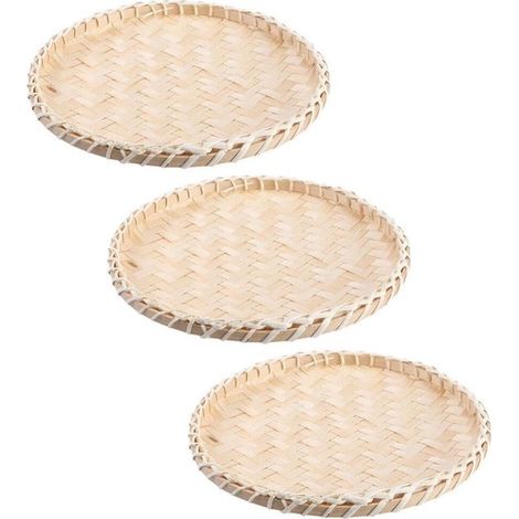 Set di 3 cestini piatti e rotondi in bambù intrecciato a mano, da 25 cm, ideali per pane, frutta e snack.