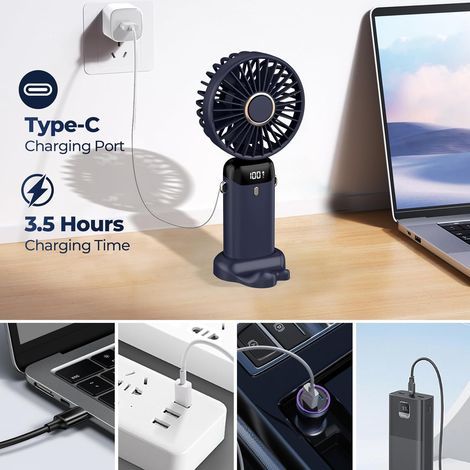 Ventilador portátil 4200mAh USB con pantalla LED 3 en 1, plegable e inclinable 90° para mano/cuello/escritorio, ideal para verano, oficina, dormitorio, viaje, regalo para adultos y niños (azul oscuro) (1/4)