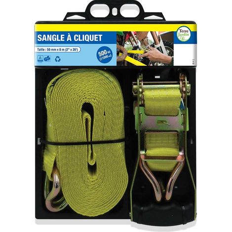 Terre Jardin – Sangle d'arrimage à cliquet 8 mètres 5 T – Polyester haute résistance – Verrouillage automatique – Pour chantiers humides