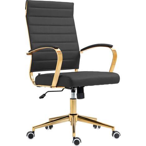 Sedia da ufficio di design chic con schienale ergonomico in ecopelle nera con struttura in metallo dorato BUR10709