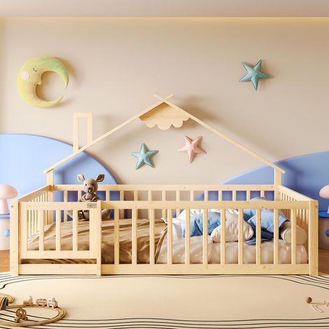 Lit à étage 140x190 cm avec design de maison, rampe de sécurité avec verrou, en bois de pin- naturel (1/5)