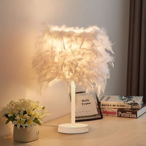 Lampe de Table en Plumes Blanche Moderne Lampe à Poser E27 40W Lampe de Chevet Salon - 20CM (Sans Ampoule) (1/5)