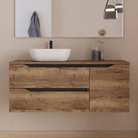 Meuble de salle de bain 120cm avec plateau et vasque à poser déportée à gauche Zeus - sans miroir - 2 tiroirs et un placard - tabaco (bois foncé) - ZARZA