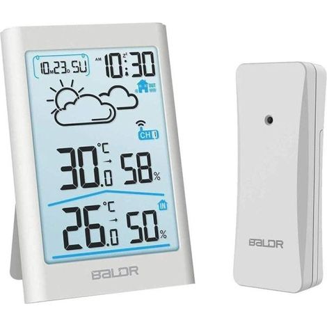 Station météo sans fil avec capteur extérieur, thermomètre numérique intérieur et extérieur, hygromètre et affichage des conditions ambiantes pour maison, jardin et bureau (1/5)