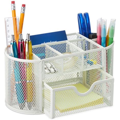 Relaxdays Organiseur de bureau, Organisateur de table pour stylos et, métal, maille, HLP 10,5 x 22 x 11 cm, blanc (1/5)