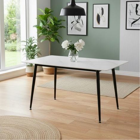 Tavolo da Pranzo Kilo 140×80 cm in Ceramica Effetto Marmo Bianco opaco e Gambe Nere (1/3)