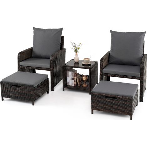Salon de Jardin Exterieur en Rotin PE 5 Pièces, avec 2 Chaises et 2 Tabourets, Coussins Confortales, 1 Table en Verre Trempé, Gris (1/5)