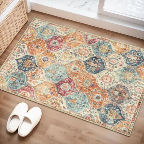 Tapis lavable à motif treillis marocain, 60 x 90 cm, pour cuisine, entrée, salle de bain, paillasson d'intérieur antidérapant, ultra fin, couleur crème/multicolore (1/5)