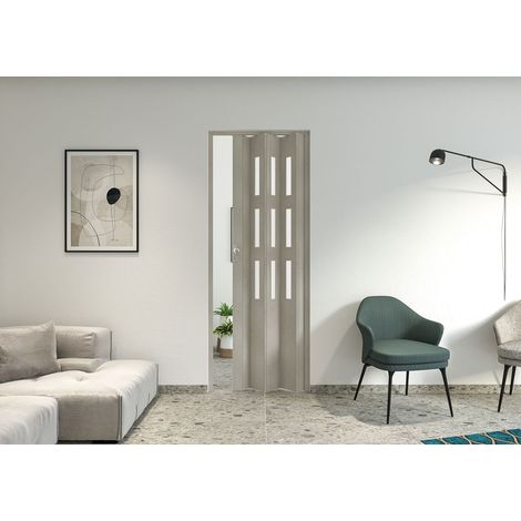 Porta a Soffietto da Interno Maya 83x214 cm Made in Italy in PVC con Vetro Satinato Tessuto Grigio