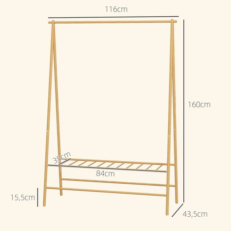 Portant à vêtements en bambou avec étagère à chaussures et crochets, autoportant, pour entrée, chambre, bois naturel (1/5)