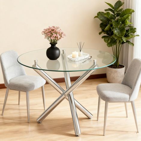 Table ronde verre trempé et métal 80 x 80 x 76 cm, design minimaliste moderne (1/5)