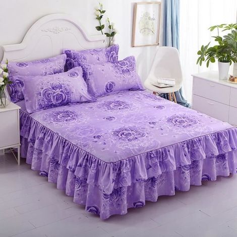 [Ensembles 3Pcs] Jupe de lit bilatérale à la mode + 2 paires de taie d\'oreiller jupe de lit doublures de lit 180x220cm (1/4)
