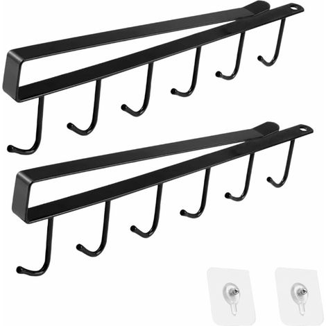 2 Porte Tasse à Suspendre,Placard Rangement Crochets Suspension,Noir  Porte Verres Suspendu sous Armoire Organisateur sans Perçage 6 Crochets pour Ustensiles de Cuisine/Cravates Ceintures (1/5)