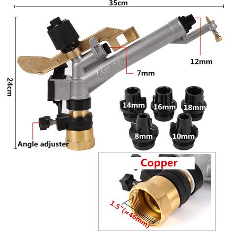 Pistolet d'arrosage à bascule à impact (laiton de 3,8 cm) à filetage femelle, portée de jet 0-360°, pour jardin, pelouse, verger et exploitation agricole. (1/5)