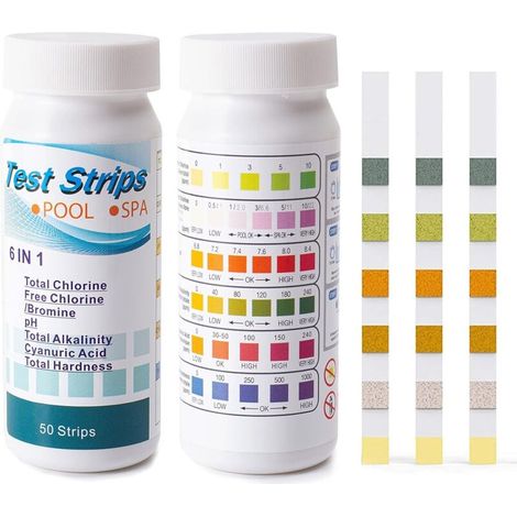 ZOLGINAH Bandelettes de Test pour Piscine,6 en 1 Bandelette Test Qualité d'eau,Kit de Bandelettes de Test pour PH, Chlore Total, Chlore Libre, Alcali Total, Dureté Totale, Acide Cyanurique (100PCS) (1/5)