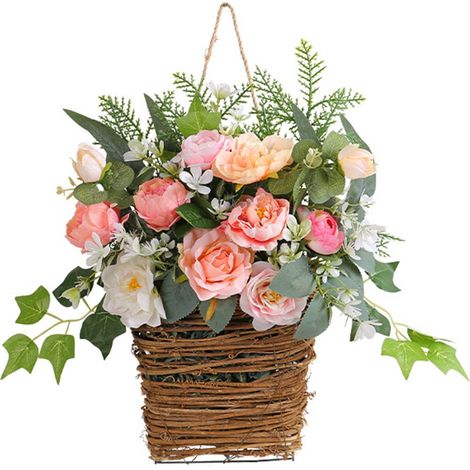 Panier De Fleurs Artificielles - Chrysanthèmes Printanières Rouges Et Feuilles Vertes - Décoration De Table Mariage Fête Printemps - 1 Pièce (1/5)