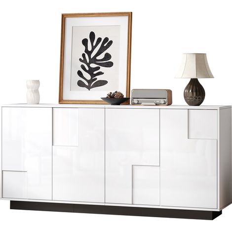 Buffet de salon 160 cm, meuble bas blanc et noir à 4 portes, façades brillantes au design géométrique et grand rangement intérieur (1/5)
