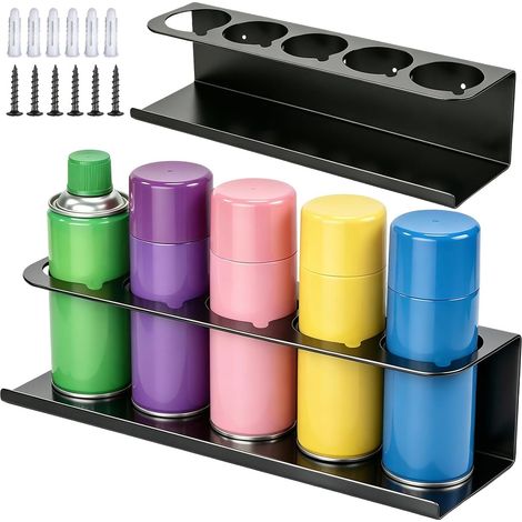 Set of 2 black carbon steel spray can holders for 5 x 7.6 cm cans - With extension tube and screws - Accessories for garage, workshop, camper van (1/5)