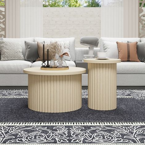 Ensemble de 2 tables basses rondes – Aspect bois naturel – Finition texturée ondulée – Design monobloc – Idéal pour salon, chambre et bureau (1/5)