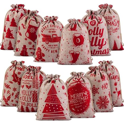 24 sacs en jute de Noël – Sacs en lin 7 x 5 pouces avec cordons pour cadeaux de fêtes de Noël, 12 motifs (1/4)
