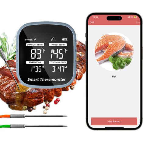 Thermomètre à viande sans fil numérique LCD, 2 sondes magnétiques, portée 50 m, contrôle par application BT, compatible avec gril, fumoir, (1/5)